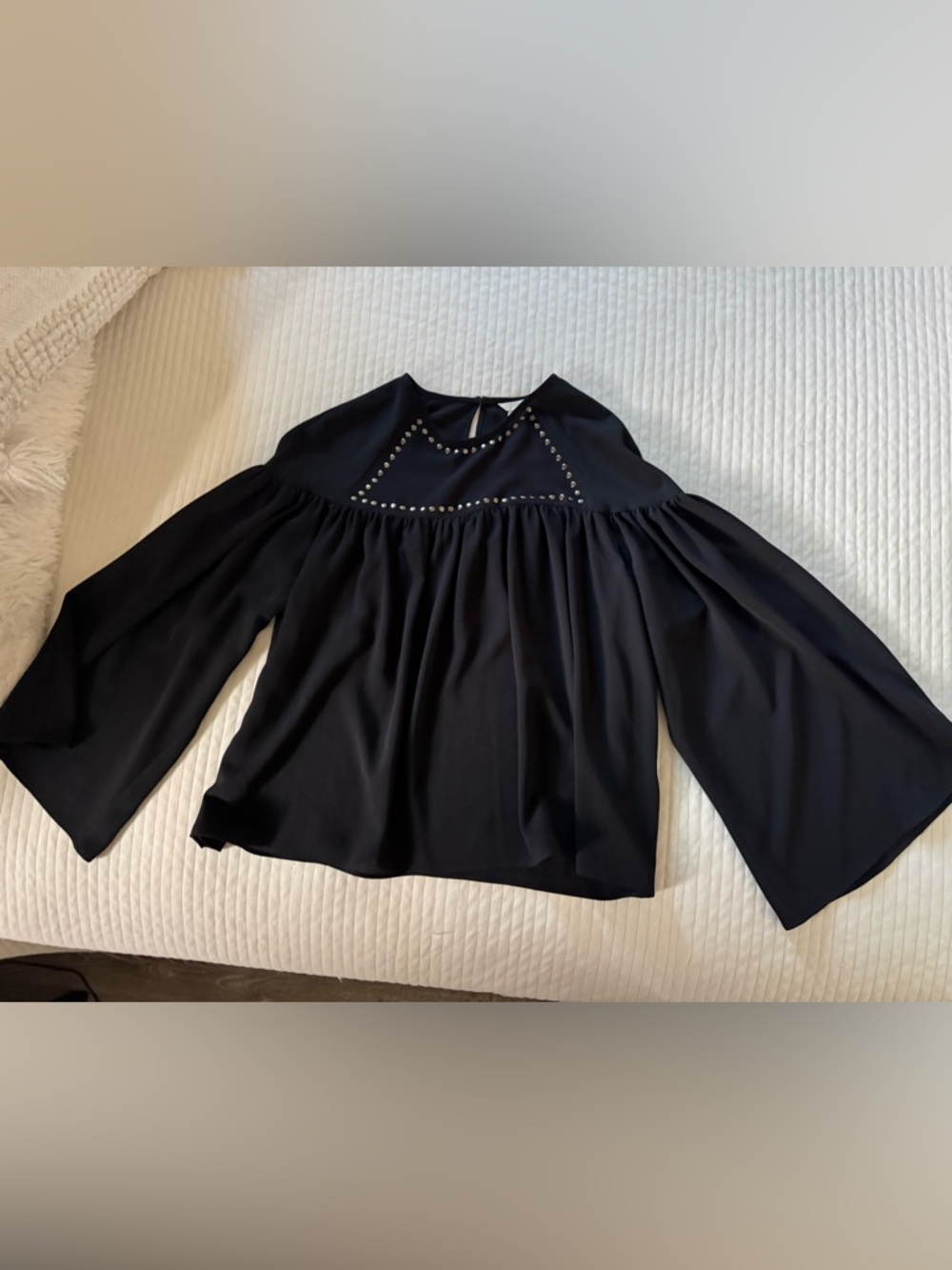 Women’s Black Stud-Trim Bell Sleeve Blouse